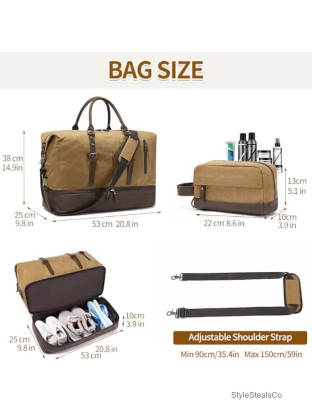 Canvas Waxed Weekender Bag with Shoe Compartment - Travel Duffel